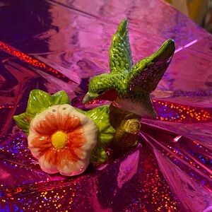 Colorful Ceramic Hummingbird and Flower Figurine Salt & Pepper Shaker Set